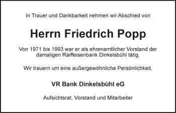 Traueranzeige von Friedrich Popp von Dinkelsbühl/ Feuchtwangen