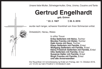 Traueranzeige von Gertrud Engelhardt von Dinkelsbühl/ Feuchtwangen