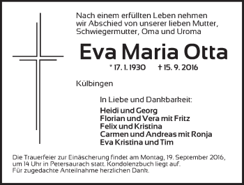 Traueranzeige von Eva Maria Otta von Ansbach