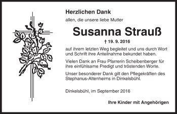 Traueranzeige von Susanna Strauß von Dinkelsbühl/ Feuchtwangen