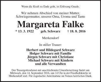 Traueranzeige von Margareta Falke von Ansbach