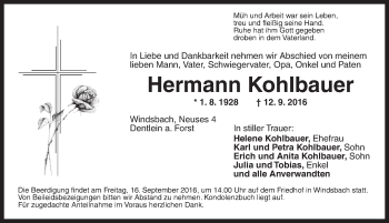 Traueranzeige von Hermann Kohlbauer von Ansbach