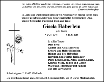 Traueranzeige von Gisela Häberlein von Neustadt/ Scheinfeld/ Uffenheim