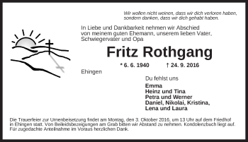 Traueranzeige von Fritz Rothgang von Dinkelsbühl/ Feuchtwangen