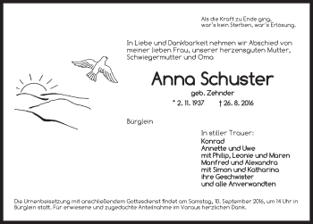 Traueranzeige von Anna Schuster von Ansbach