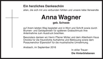 Traueranzeige von Anna Wagner von Ansbach