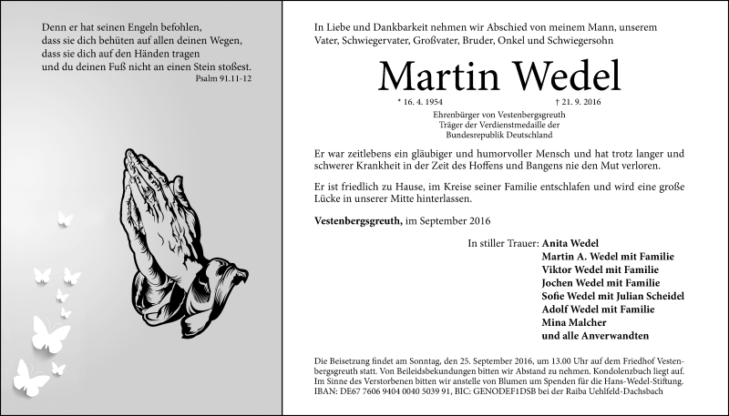  Traueranzeige für Martin Wedel vom 24.09.2016 aus Neustadt/ Scheinfeld/ Uffenheim