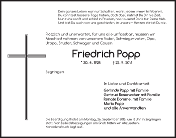 Traueranzeige von Friedrich Popp von Dinkelsbühl/ Feuchtwangen