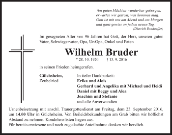 Traueranzeige von Wilhelm Bruder von Neustadt/ Scheinfeld/ Uffenheim