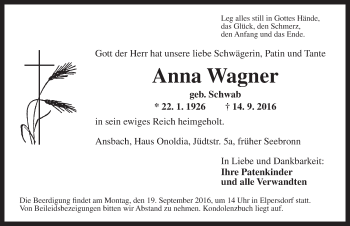 Traueranzeige von Anna Wagner von Ansbach