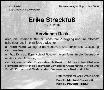 Traueranzeige von Erika Streckfuß von Neustadt/ Scheinfeld/ Uffenheim