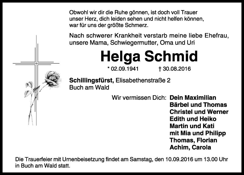  Traueranzeige für Helga Schmid vom 07.09.2016 aus Rothenburg