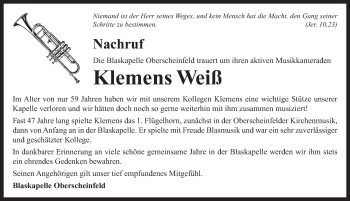 Traueranzeige von Klemens Weiß von Neustadt/ Scheinfeld/ Uffenheim