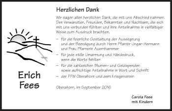 Traueranzeige von Erich Fees von Dinkelsbühl/ Feuchtwangen