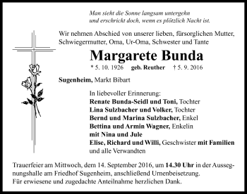 Traueranzeige von Margarete Bunda von Neustadt/ Scheinfeld/ Uffenheim