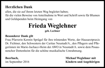 Traueranzeige von Frieda Weglehner von Neustadt/ Scheinfeld/ Uffenheim