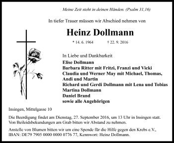 Traueranzeige von Heinz Dollmann von Rothenburg