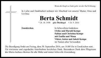 Traueranzeige von Berta Schmidt von Neustadt/ Scheinfeld/ Uffenheim