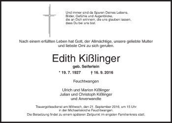 Traueranzeige von Edith Kißlinger von Dinkelsbühl/ Feuchtwangen