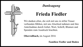 Traueranzeige von Frieda Fiedler von Neustadt/ Scheinfeld/ Uffenheim