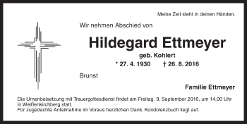 Traueranzeige von Hildegard Ettmeyer von Ansbach