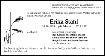 Traueranzeige von Erika Stahl von Neustadt/ Scheinfeld/ Uffenheim