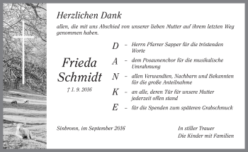 Traueranzeige von Frieda Schmid von Dinkelsbühl/ Feuchtwangen