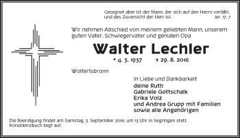 Traueranzeige von Walter Lechler von Dinkelsbühl/ Feuchtwangen