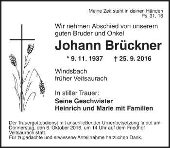 Traueranzeige von Johann Brückner von Ansbach