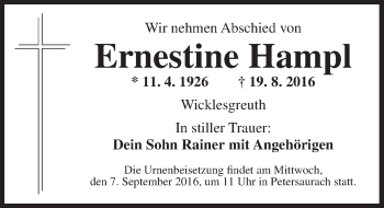 Traueranzeige von Ernestine Hampl von Ansbach