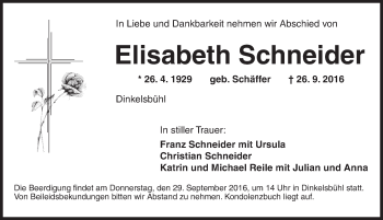 Traueranzeige von Elisabeth Schneider von Dinkelsbühl/ Feuchtwangen