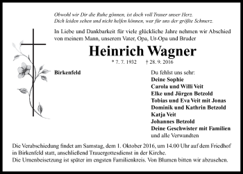 Traueranzeige von Heinrich Wagner von Neustadt/ Scheinfeld/ Uffenheim