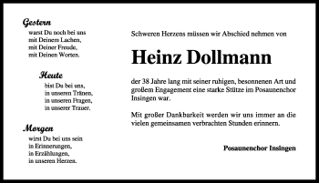 Traueranzeige von Heinz Dollmann von Rothenburg