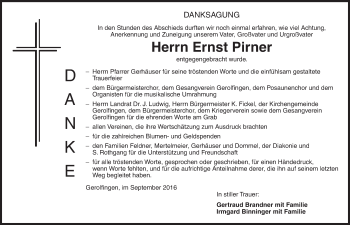 Traueranzeige von Ernst Pirner von Dinkelsbühl/ Feuchtwangen