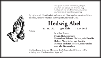 Traueranzeige von Hedwig Abel von Dinkelsbühl/ Feuchtwangen