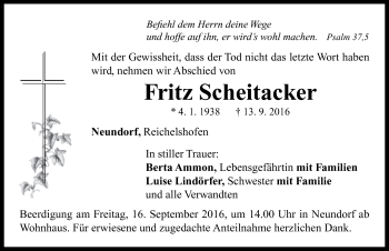 Traueranzeige von Fritz Scheitacker von Neustadt/ Scheinfeld/ Uffenheim