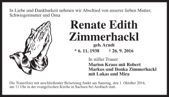 Traueranzeige von Renate Edith Zimmerhackl von Ansbach