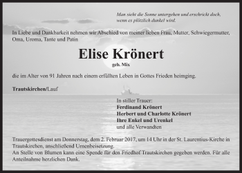Traueranzeige von Elise Krönert von Neustadt/ Scheinfeld/ Uffenheim