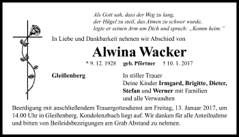 Traueranzeige von Alwina Wacker von Neustadt/ Scheinfeld/ Uffenheim