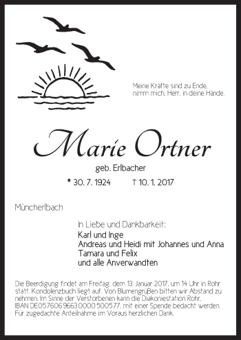 Traueranzeige von Marie Ortner von Ansbach