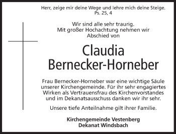 Traueranzeige von Claudia Bernecker-Horneber von Ansbach