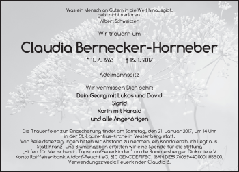 Traueranzeige von Claudia Bernecker-Horneber von Ansbach