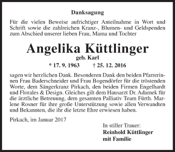 Traueranzeige von Angelika Küttlinger von Neustadt/ Scheinfeld/ Uffenheim