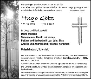 Traueranzeige von Hugo Götz von Neustadt/ Scheinfeld/ Uffenheim