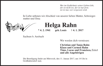 Traueranzeige von Helga Rahn von Ansbach