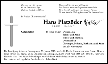 Traueranzeige von Hans Platzöder von Neustadt/ Scheinfeld/ Uffenheim