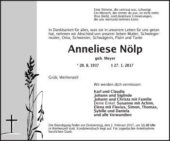 Traueranzeige von Anneliese Nölp von Ansbach