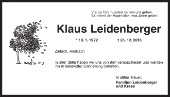 Traueranzeige von Klaus Leidenberger von Ansbach