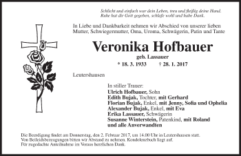 Traueranzeige von Veronika Hofbauer von Ansbach