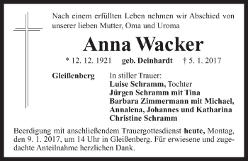 Traueranzeige von Anna Wacker von Neustadt/ Scheinfeld/ Uffenheim